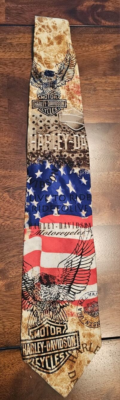 VTG Harley Davidson 100% Silk Tie Mens Live To Ride Eagle American Flag BikerVTG